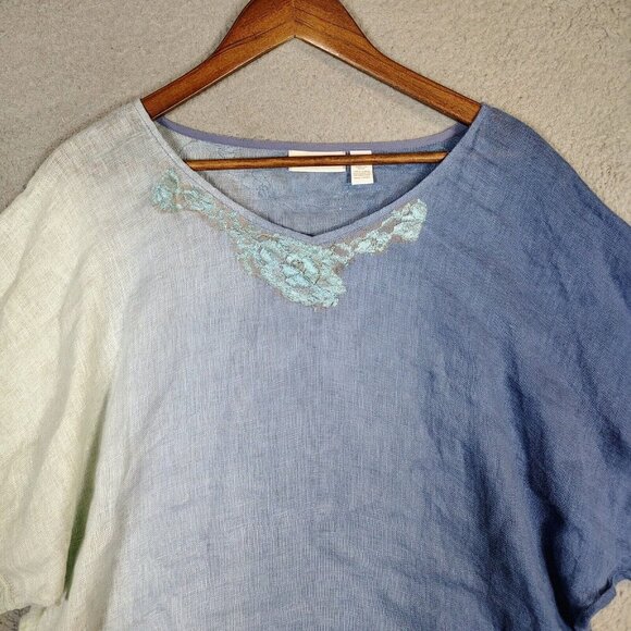 Chicos Top Women 2 Blue Ombre 100% Linen Lace Beaded Fringe V-Neck Blouse Preppy - Picture 3 of 13